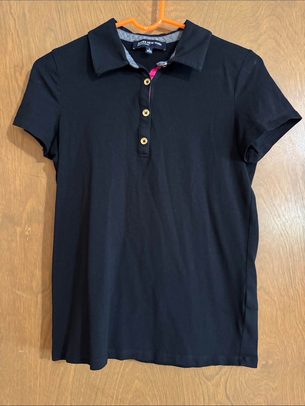 Jones New York Black Short Sleeve Polo with Gold Buttons